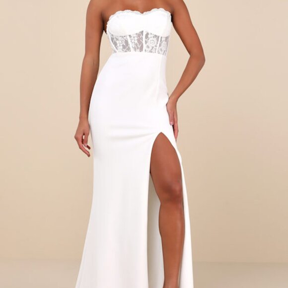 Lulus Dresses & Skirts - Lulus Sultry Persona White Lace Strapless Bustier Mermaid Maxi Dress - Size S